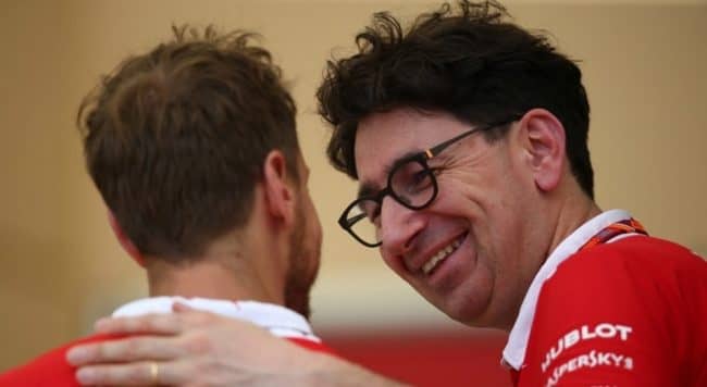 13.04.2017 - Sebastian Vettel (GER) Scuderia Ferrari SF70H and Mattia Binotto (ITA) Chief Technical Officer, Scuderia Ferrari