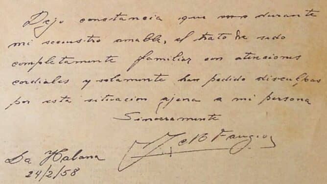 Lettera scritta da Juan Manuel Fangio durante la prigionia.